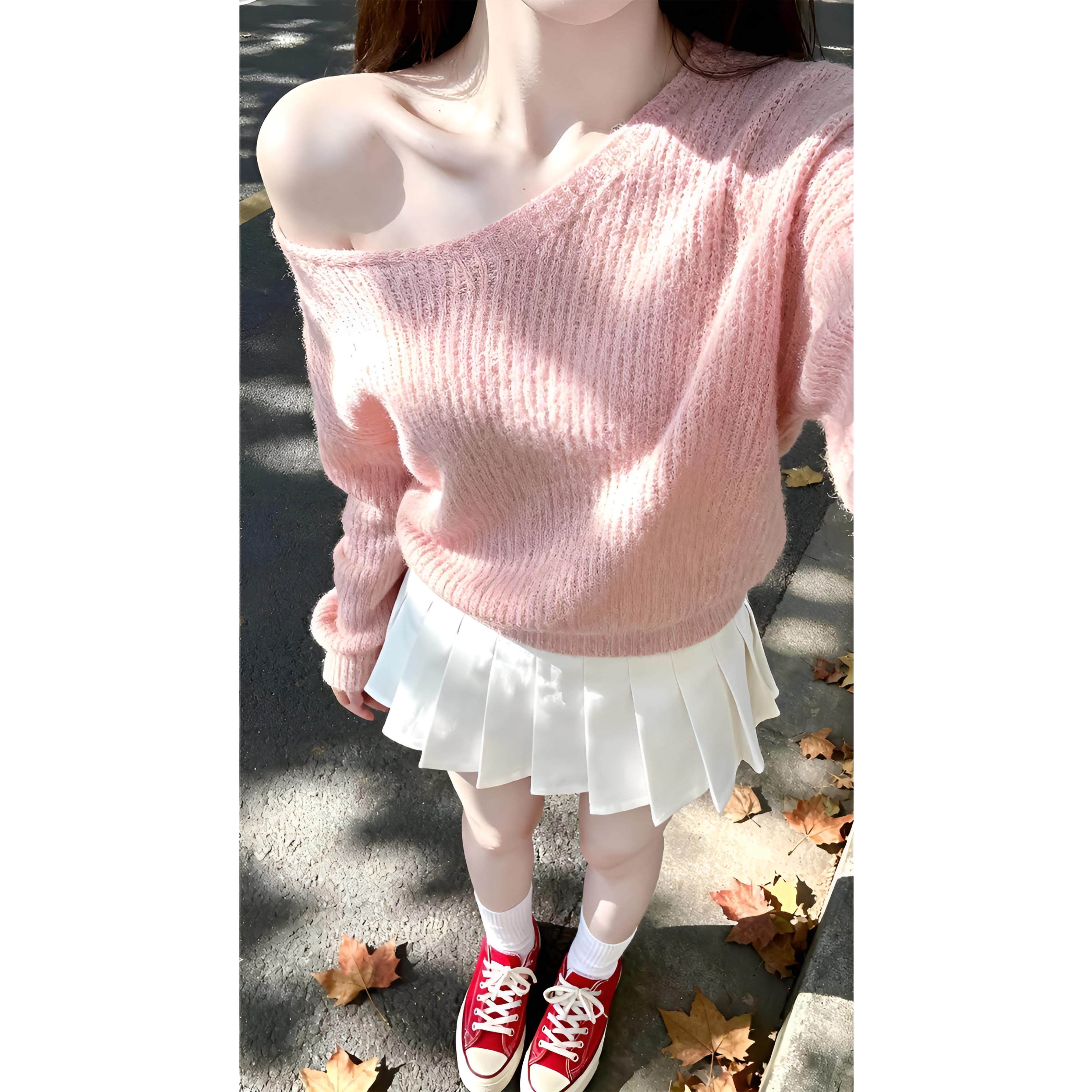 JOYIASS甜美温柔风粉色露肩毛衣女早秋款慵懒风宽松显瘦短款针织