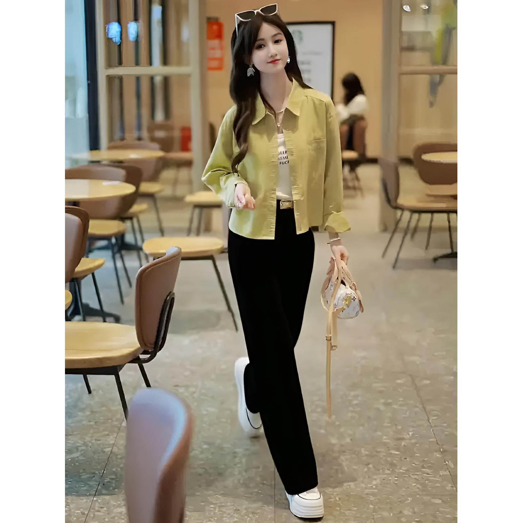 JOYIASS早秋流行穿搭一整套小个子韩里韩气松弛感黄色衬衫阔腿裤