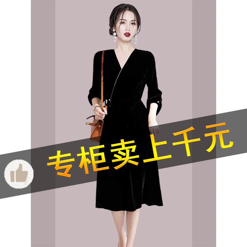 BLLOUKE大牌秋冬季女装小香赫本本V领黑色丝绒连衣裙