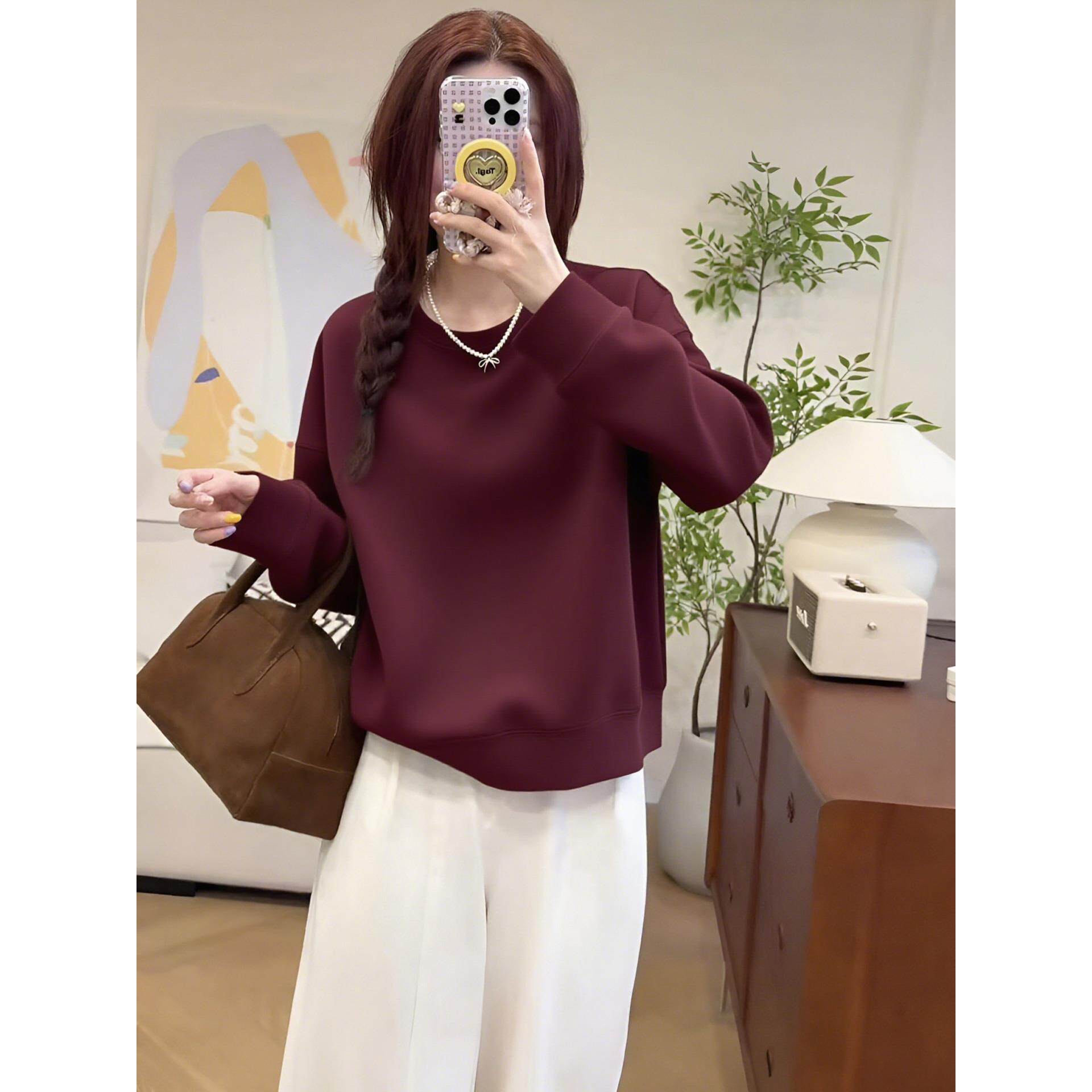 JOYIASS2025新款穿搭一整套韩风chic松弛感酒红色圆领卫衣阔腿裤