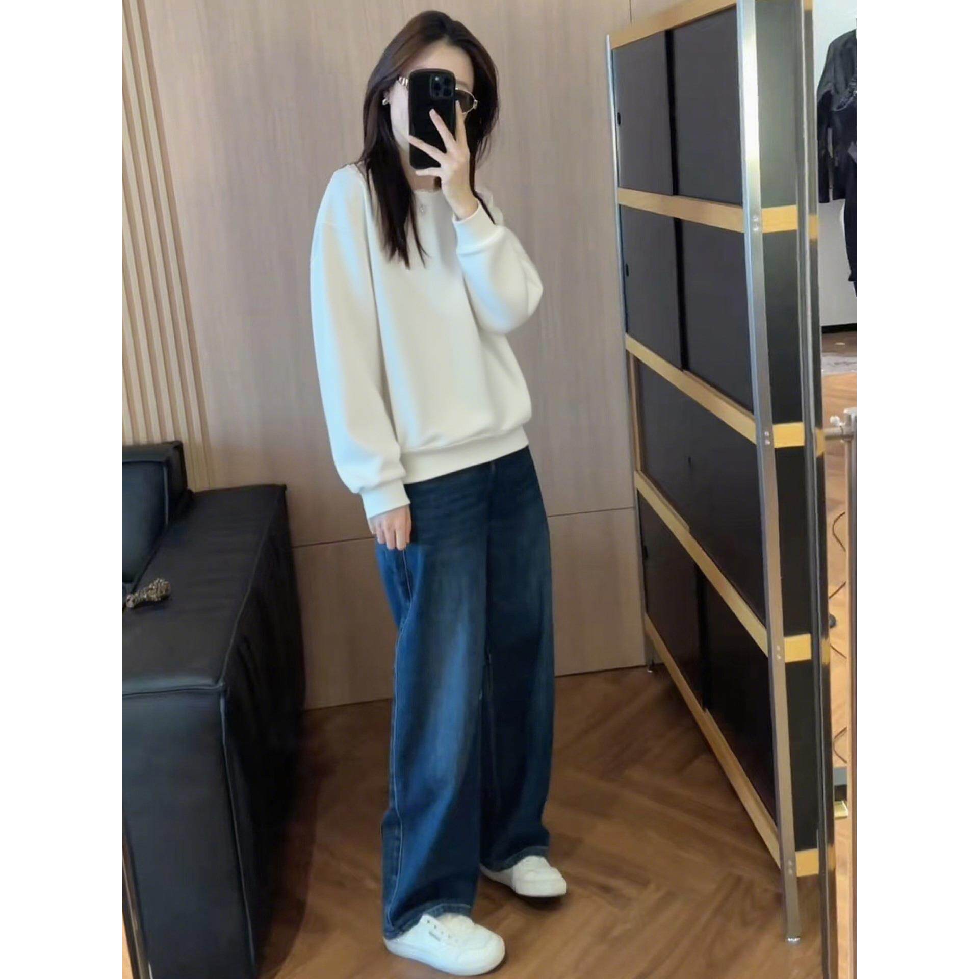 JOYIASS2025早秋新款女装韩系小个子白色圆领卫衣高腰阔腿牛仔裤