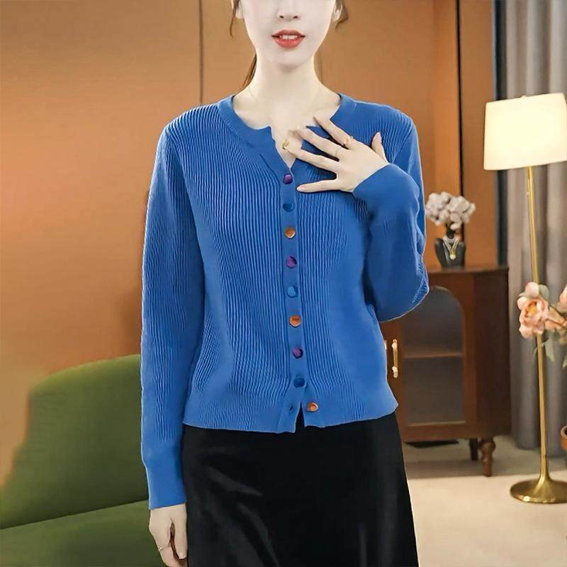 JOYIASS韩版圆领蓝色打底衫上衣女新款春季减龄设计感彩色排扣套