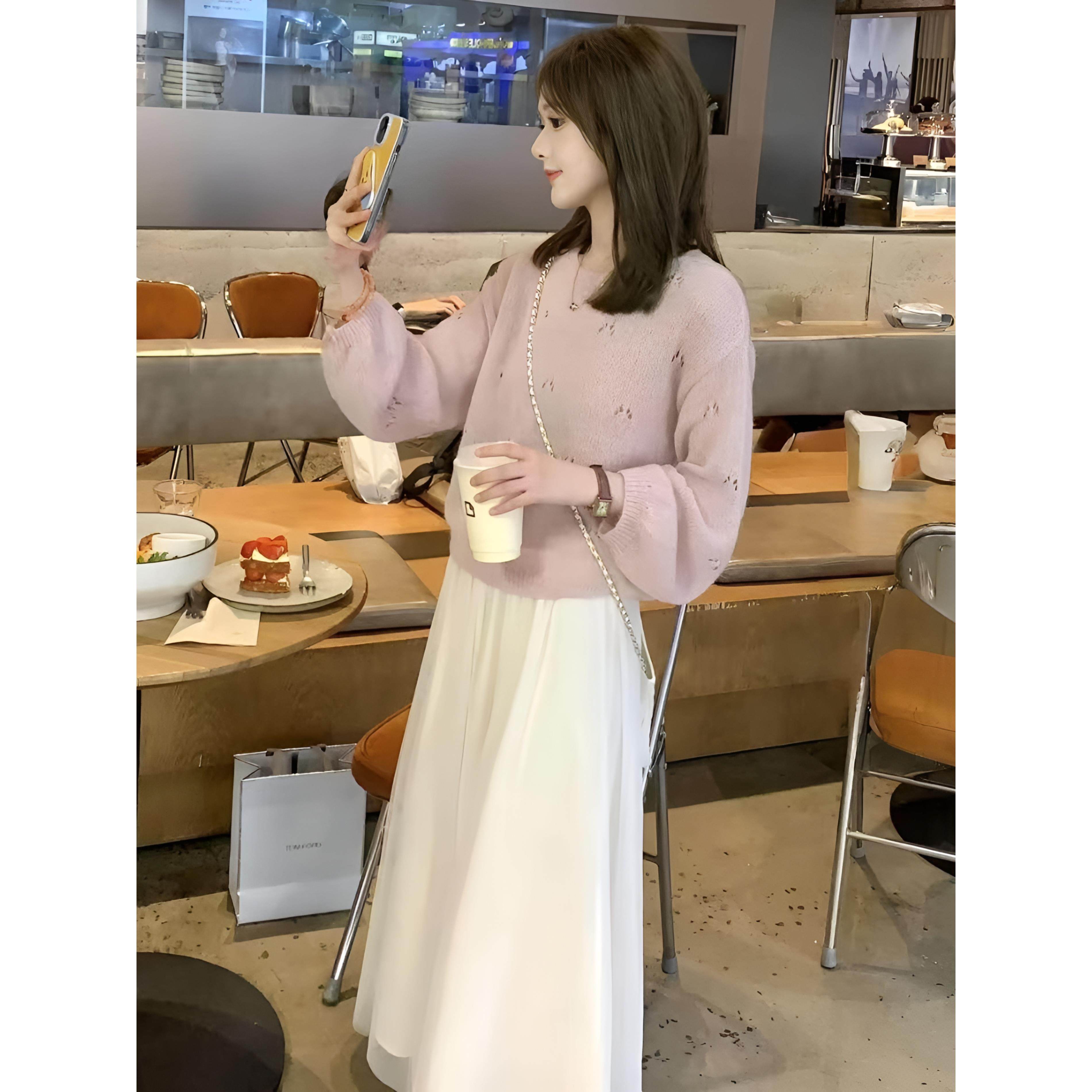 JOYIASS韩系甜美套装女浅粉镂空针织毛衣白色网纱百褶长裙温柔风