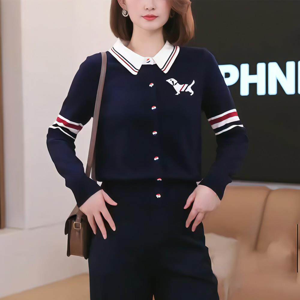 JOYIASS新款秋冬学院风翻领假两件针织开衫女撞色条纹纽扣显瘦短