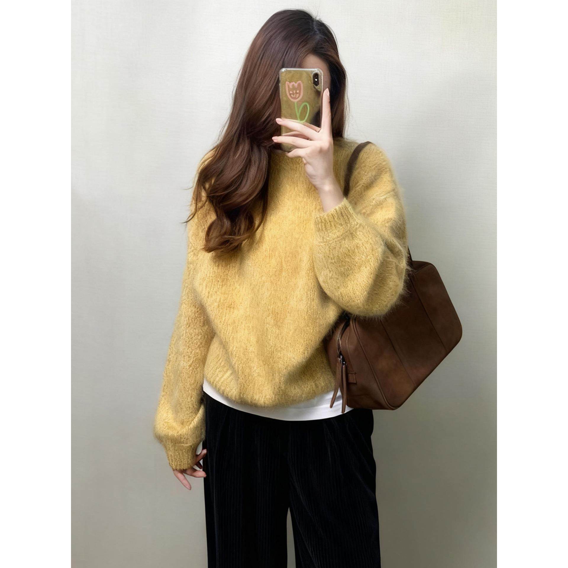 JOYIASS秋冬宽松显瘦小个子穿搭一整套多巴胺黄色圆领毛衣阔腿裤