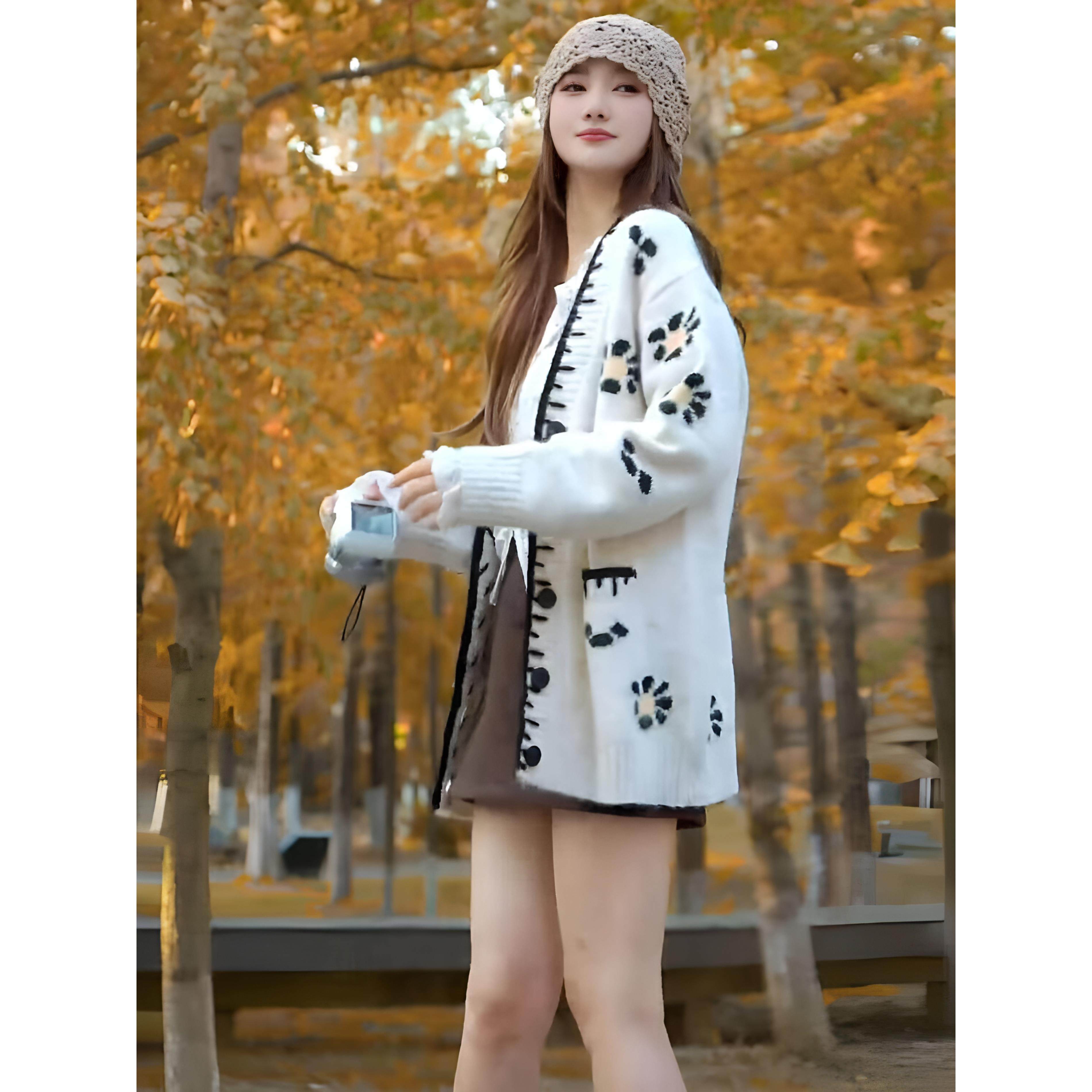 JOYIASS韩系一整套ootd穿搭小个子氛围感针织开衫蕾丝内搭阔腿裤