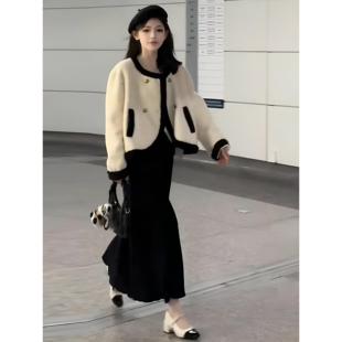 JOYIASS巨好看的冬装一整套小个子学院风奶fufu羊羔毛外套连衣裙