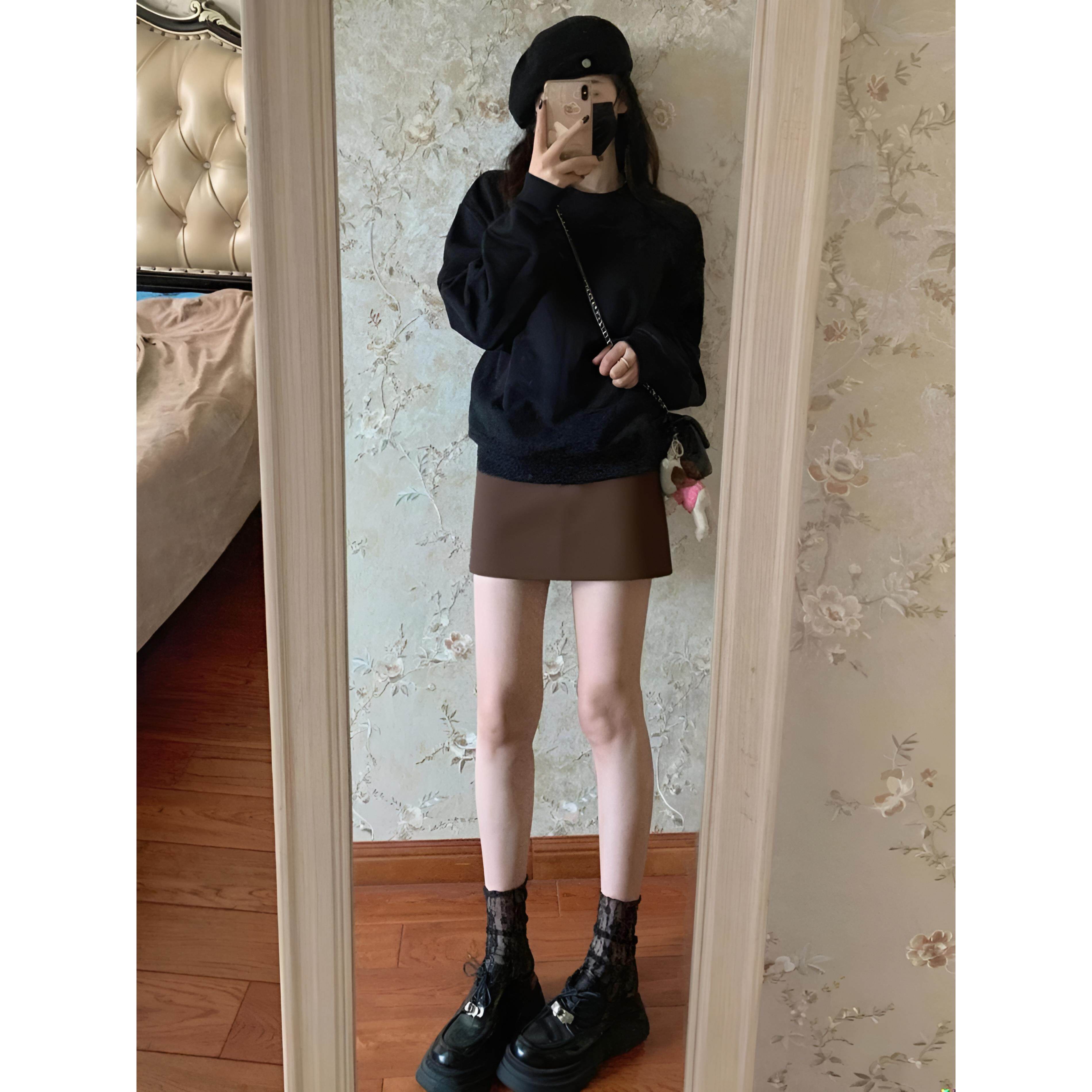 JOYIASS早秋小个子显高套装女黑色圆领卫衣搭配咖色半身裙时尚减