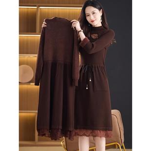 JOYIASS秋冬季蕾丝连衣裙女加绒加厚中长款小个子内搭毛衣针织打