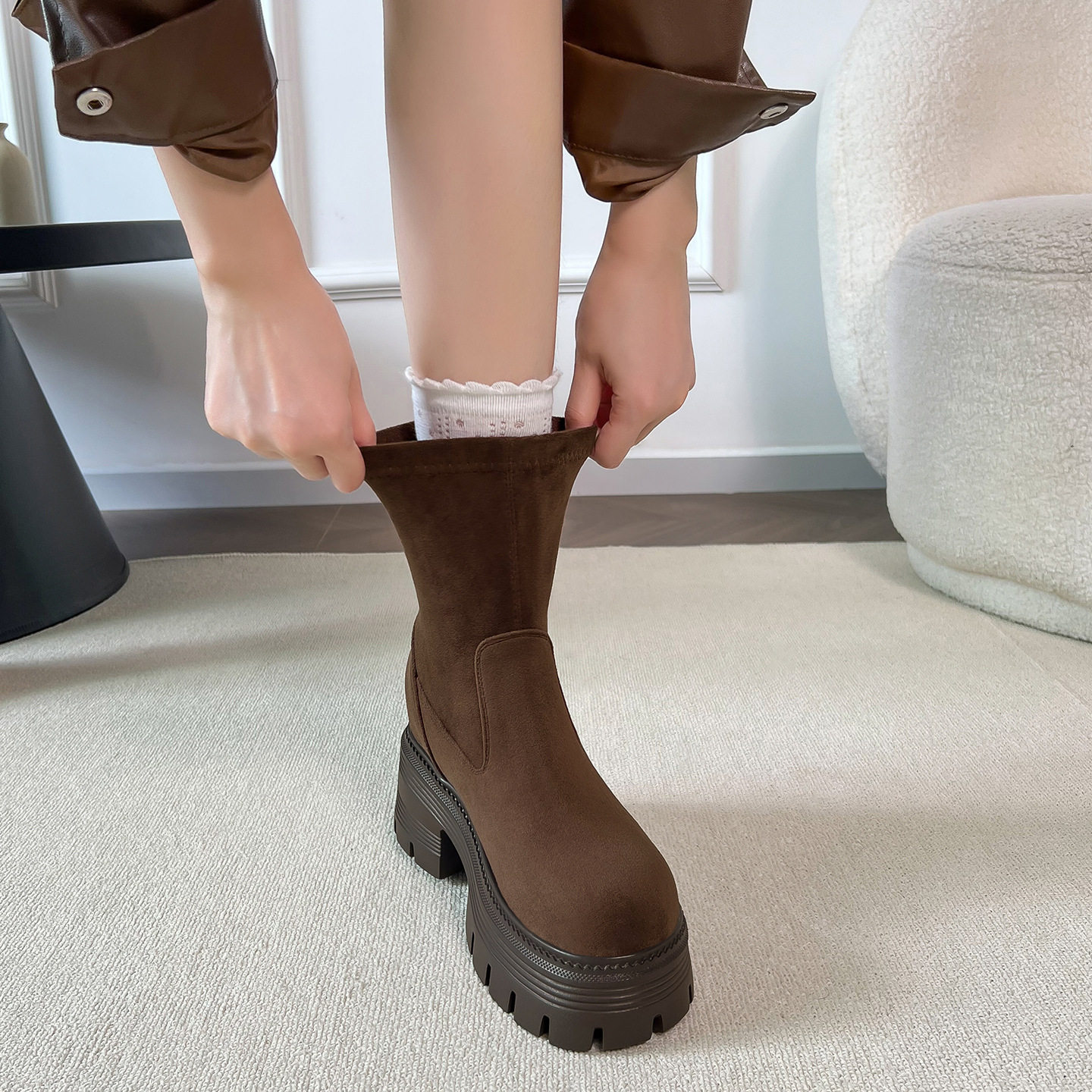 弹力瘦瘦靴女厚底内增高绒面短靴小个子袜靴不累脚,女鞋,弹力靴/袜靴,淘宝优惠券,粉丝福利购,淘宝优惠卷