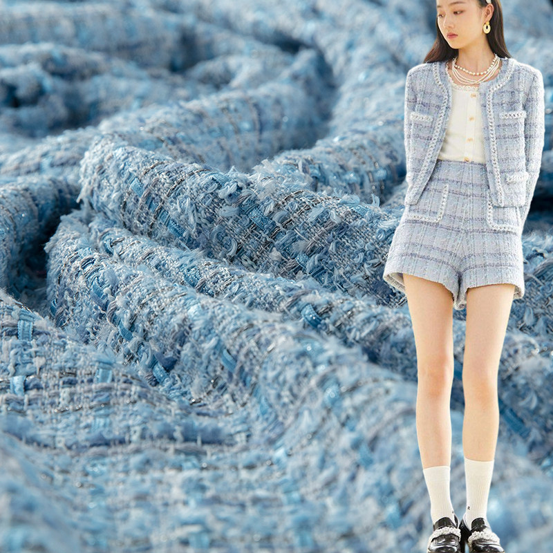 蓝色格子小香风粗花呢布料服装面料衣服高档外套diy手工定做高级