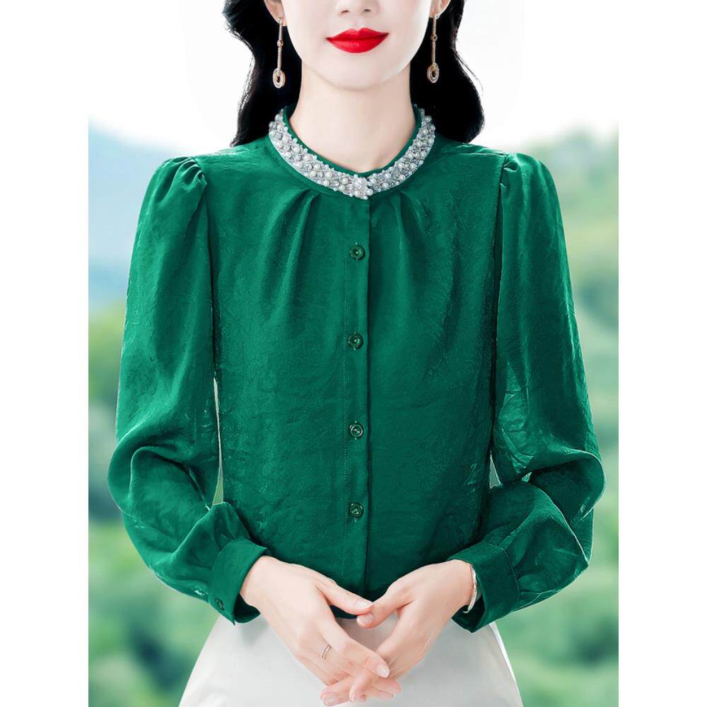 JOYIASS重工钉珠提花衬衫女长袖春秋新款中年妈妈衬衣轻奢高级感