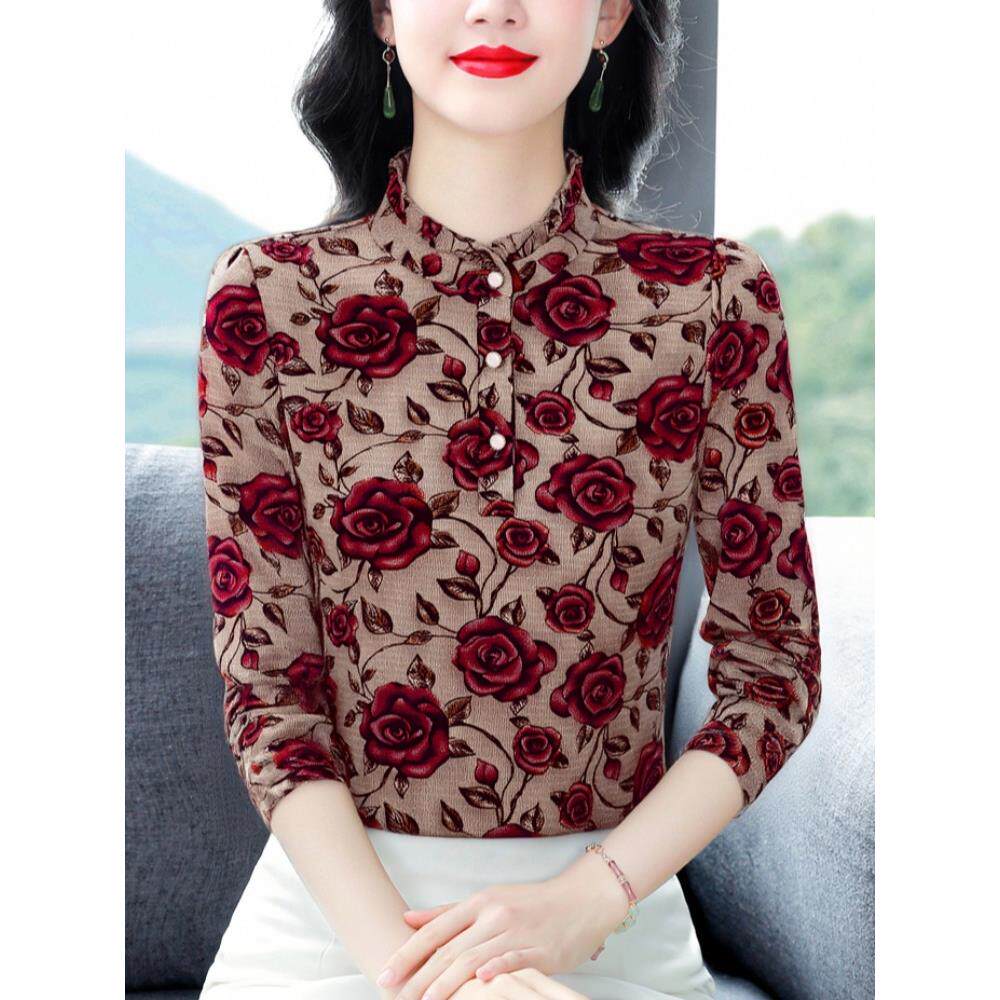 JOYIASS妈妈冬装长袖加绒打底衫女2025新款设计感印花上衣高级感