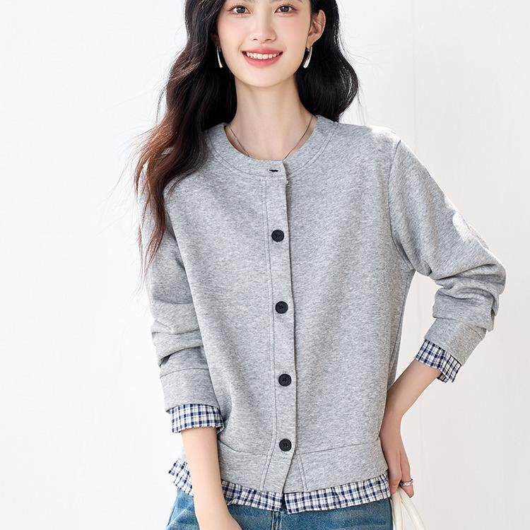JOYIASS2025新款韩系穿搭灰色厚T外套女初秋季爆款棒球服开衫假两