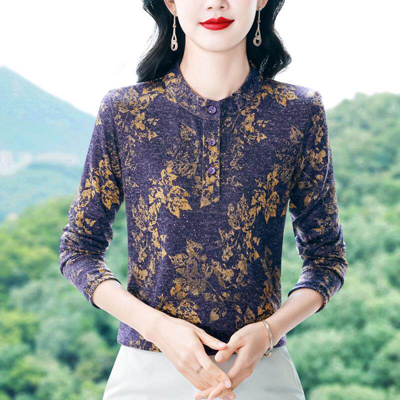 JOYIASS时尚套头上衣女长袖春秋冬新款妈妈减龄碎花磨毛打底小衫