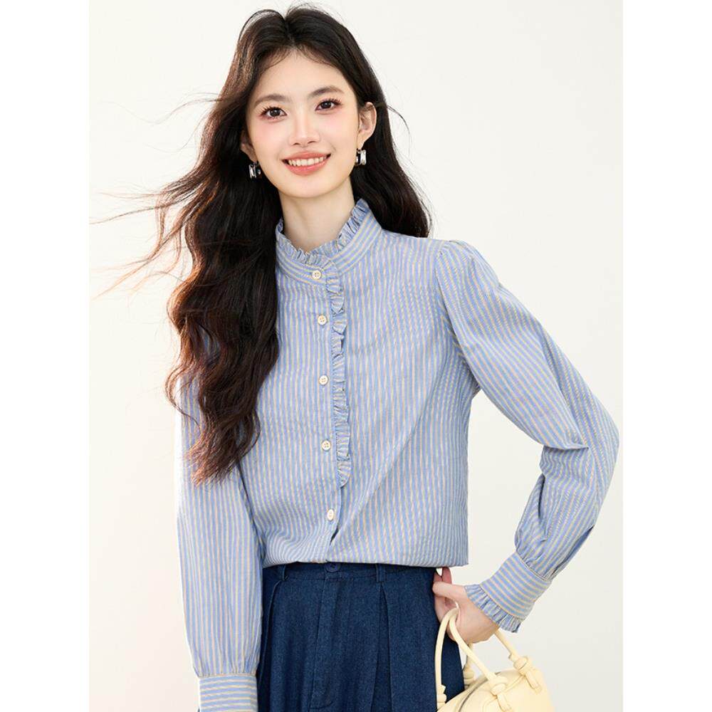 JOYIASS法式长袖木耳花边衬衫女秋季2025新款设计感条纹上衣宽松