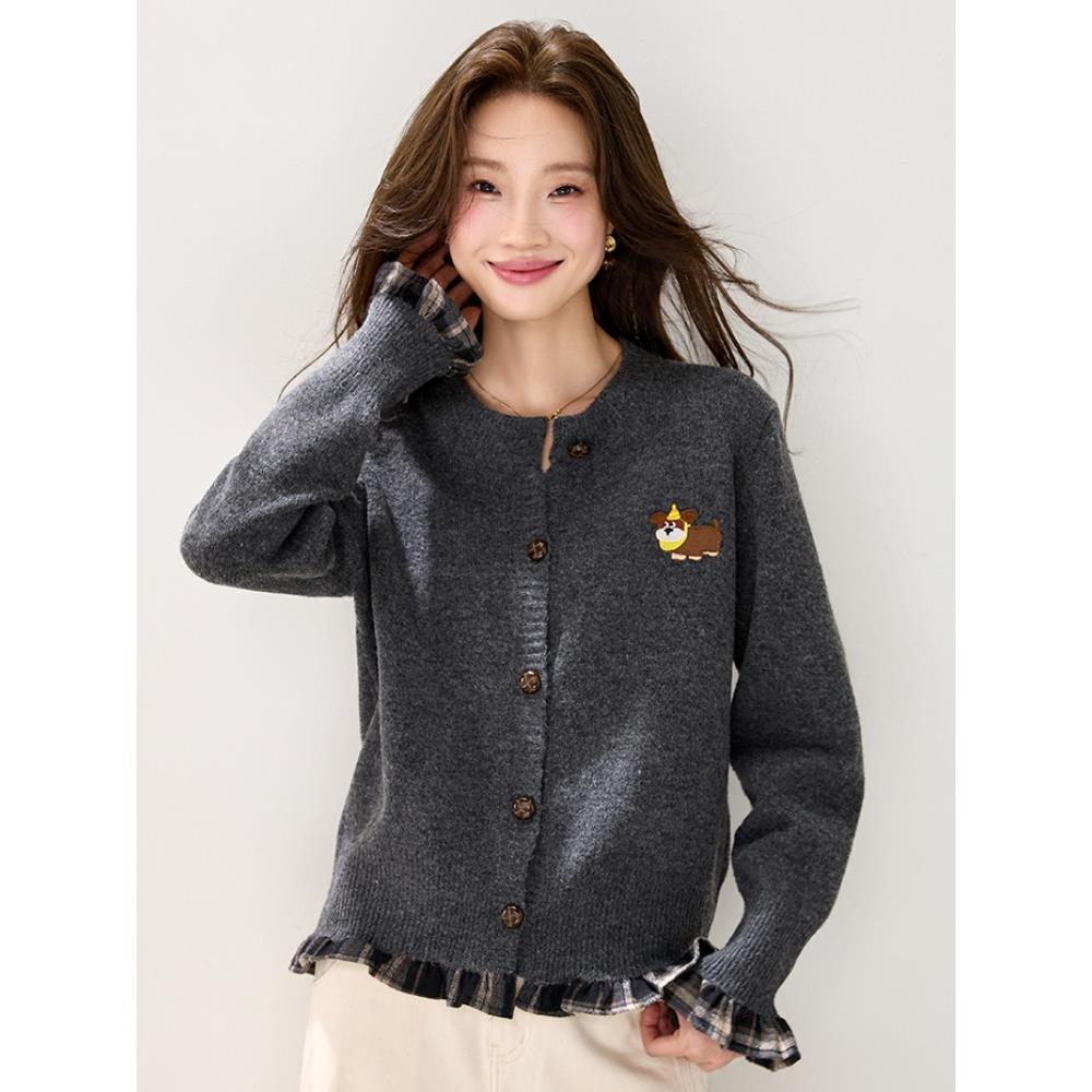 JOYIASS圆领小狗刺绣针织开衫女秋冬学院风撞色徽章慵懒风覆古毛
