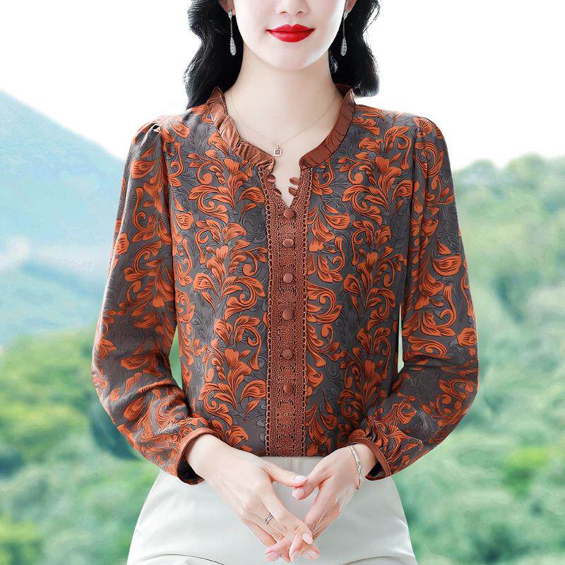 JOYIASS国风复古印花长袖雪纺衬衫女士秋装新款气质减龄小衫洋派