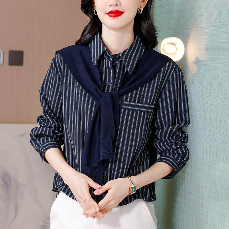 JOYIASS2025早秋新款时尚气质竖条纹衬衫女长袖带针织披肩上衣设