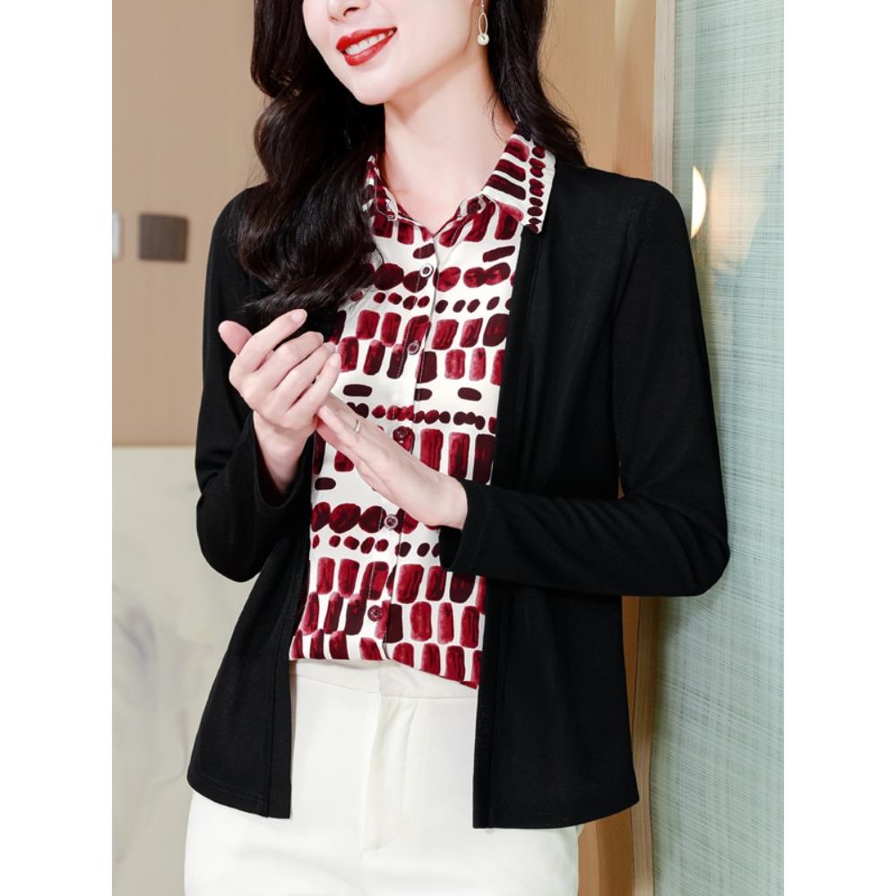 JOYIASS气质假两件翻领衬衫女秋装新款针织拼接小衫洋气妈妈外套