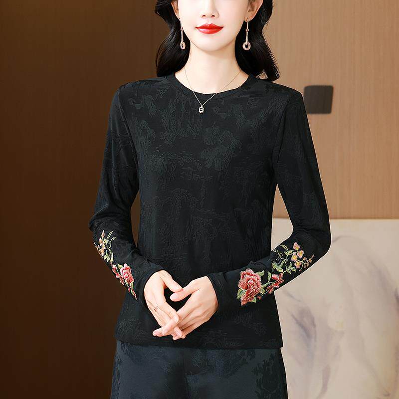 JOYIASS高级感新中式国风刺绣上衣女冬季新款设计感小众长袖t恤打