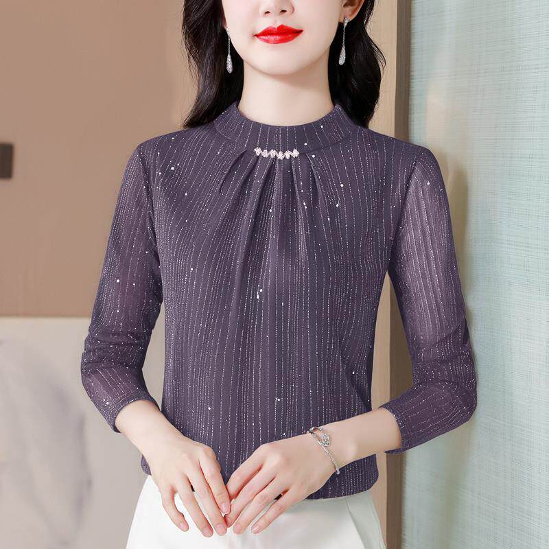 JOYIASS半高领紫色网纱打底衫女春秋季2025新款秋装内搭女生T恤长