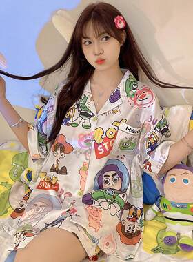 巴斯光年夏季短袖带胸垫睡衣女薄款2026新款冰丝绸家居服套装夏天