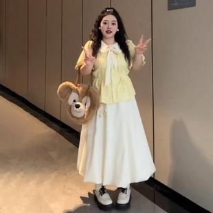 蝴蝶结娃娃领上衣半身裙两件套 大码 胖mm遮肉显瘦套装 裙女夏季 新款