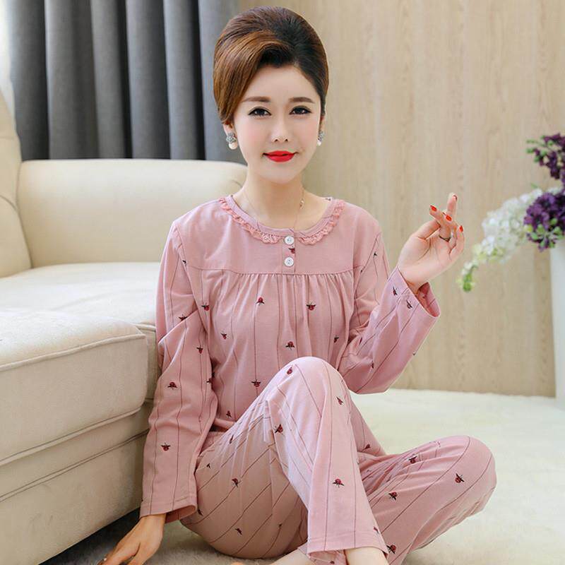 中年妈妈纯棉睡衣女春秋季长袖全棉加大码家居服中老年妇女士套装