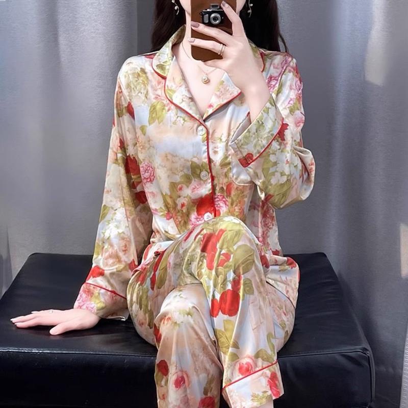 2026新款水光绸印花睡衣女春秋长袖家居服套装冰丝花色薄夏季长裤