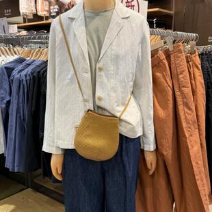 日系无印纸编贝壳包斜挎包女编织单肩包古铜Ykk拉链轻便随身包包