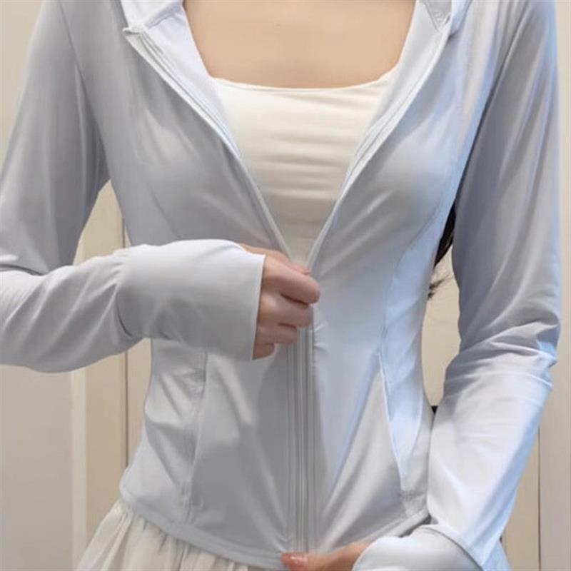 蓝色冰丝防晒衣女款夏季2026新款修身上衣瑜伽服外套防紫外线薄款