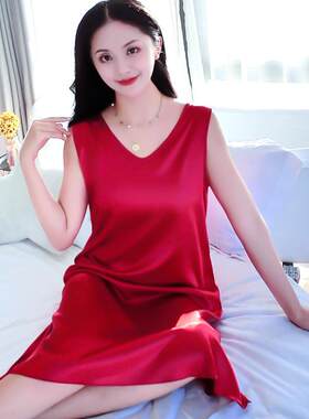 睡衣女士睡裙女夏薄款冰丝绸大码夏季夏天可外穿背心睡衣裙家居服