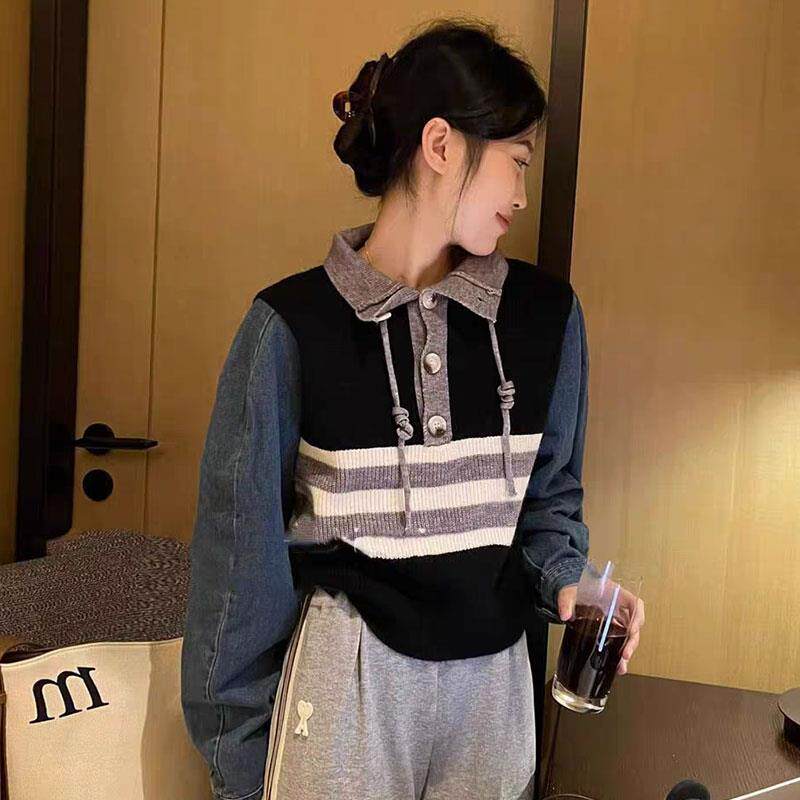 JOYIASS2025秋季新款韩版设计感小众拼接牛仔衬衫女假两件针织毛