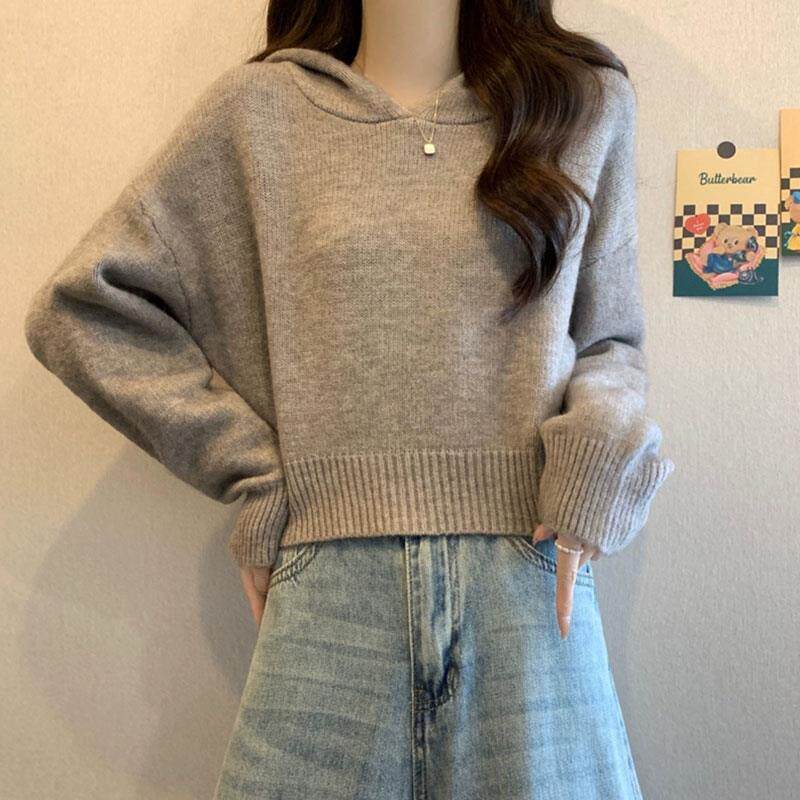 JOYIASS韩版连帽短款针织衫女秋冬新款学院风减龄洋气毛衣极简风