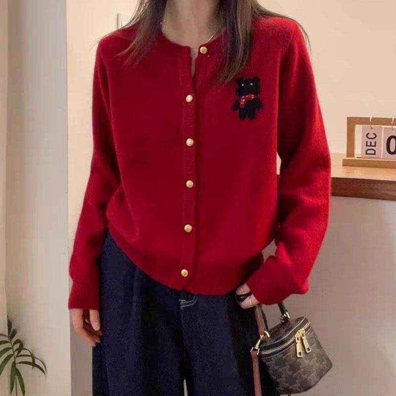 JOYIASS2025秋季新款女宽松单排扣刺绣小熊图案毛衣外套时尚提花