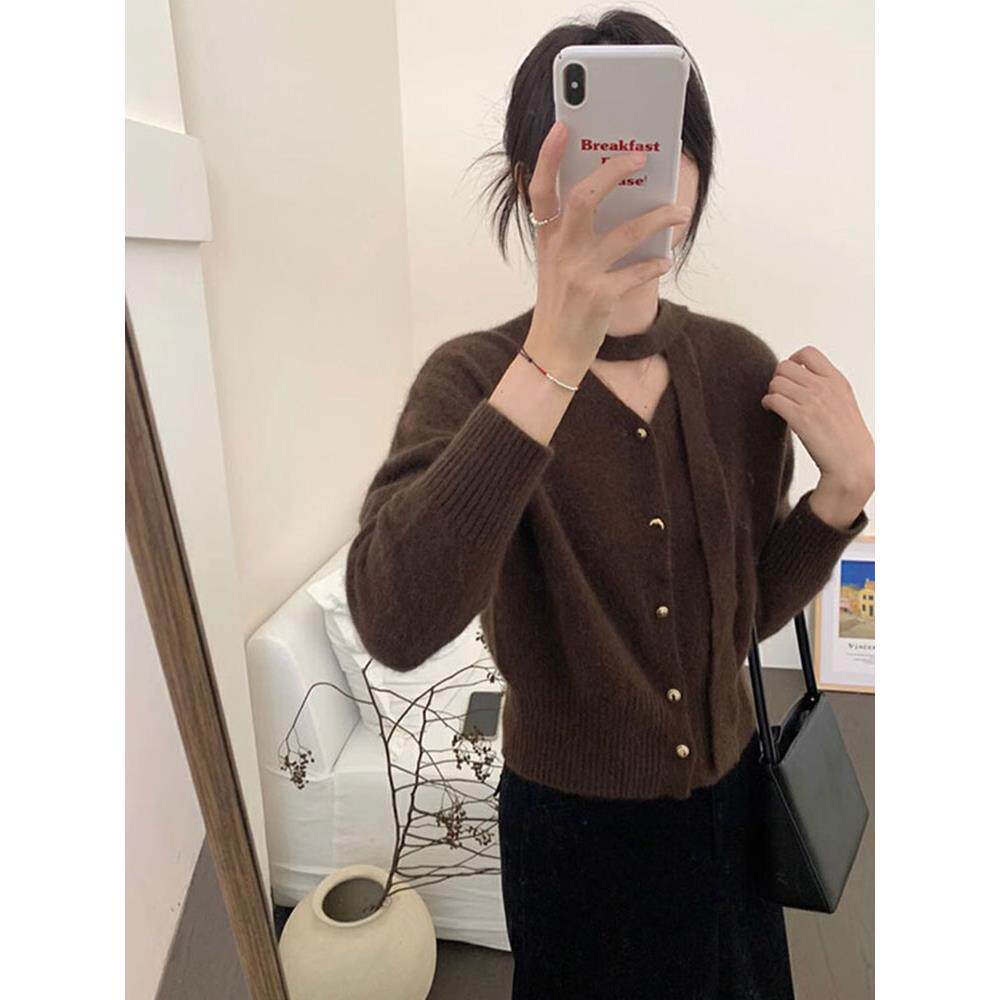 JOYIASS红色挂脖飘带V领针织开衫女秋冬氛围感毛衣外套内搭气质显