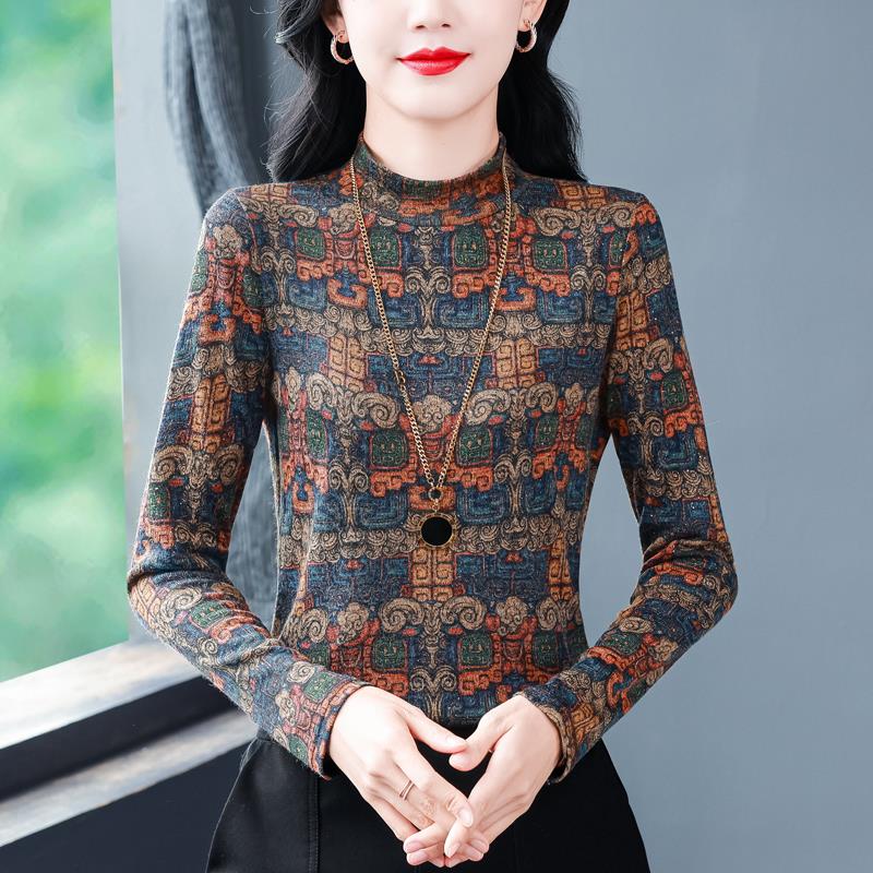 JOYIASS2025秋冬复古印花长袖T恤女加绒加厚保暖打底衫洋气减龄修