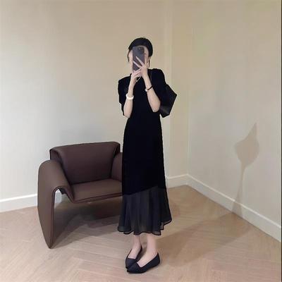 BLLOUKE法式赫本风高级感连衣裙夏季新款大码胖mm网纱拼接收腰a