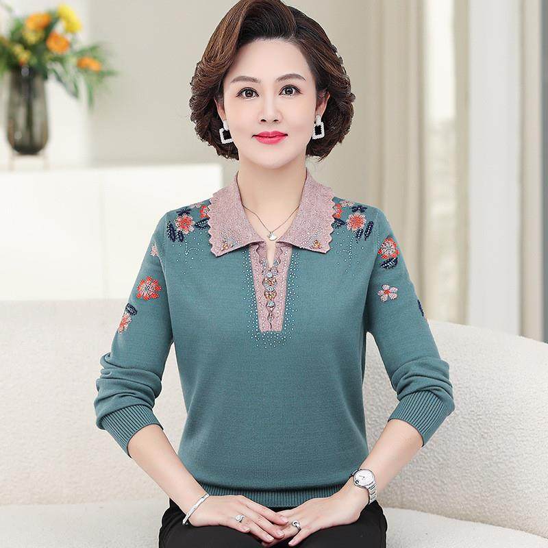 2025新款中老年女春秋翻领针织上衣时尚洋气妈妈装长袖打底衫毛