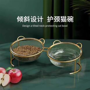 猫碗宠物狗碗猫咪双碗饮水食盆饭盆玻璃陶瓷斜口碗防打翻保护颈椎