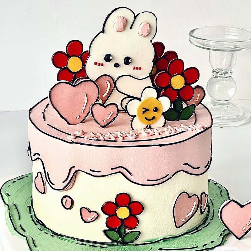 二次元漫画风亚克力花朵蛋糕装饰摆件卡通线条小狗小兔子生日插件