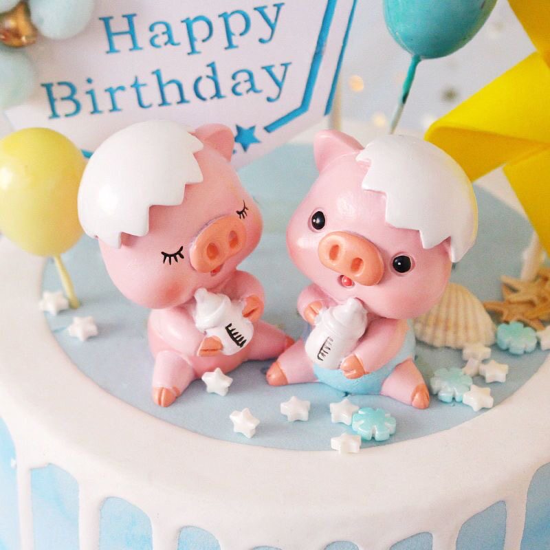 蛋壳奶瓶小猪生日蛋糕装饰摆件猪宝宝男孩女孩周岁满月烘焙装饰品