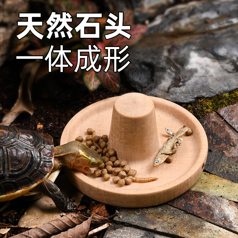 黄缘龟专用喂食盘天然岩石材质乌龟饮水器爬宠喂水盆真石头防抢食