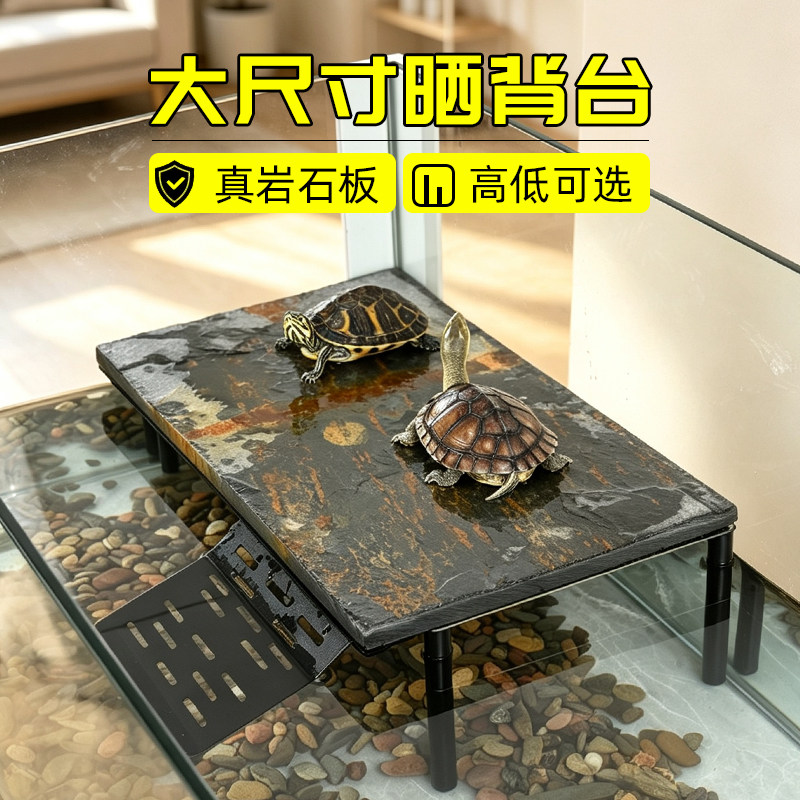 天然岩石板乌龟晒背台大尺寸平台带爬梯龟缸休息台巴西草龟爬坡台