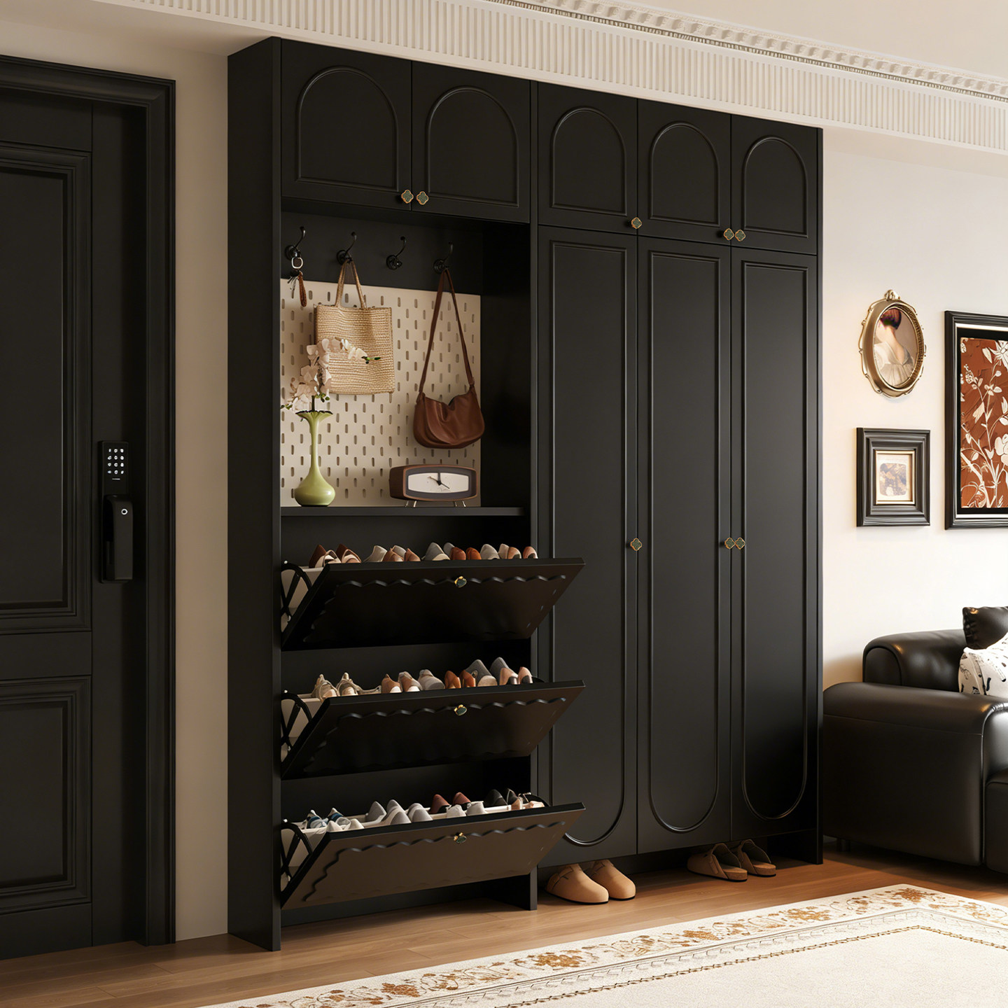美式复古翻斗鞋柜黑色翻门收纳储物柜家用门口玄关柜2026新款定制