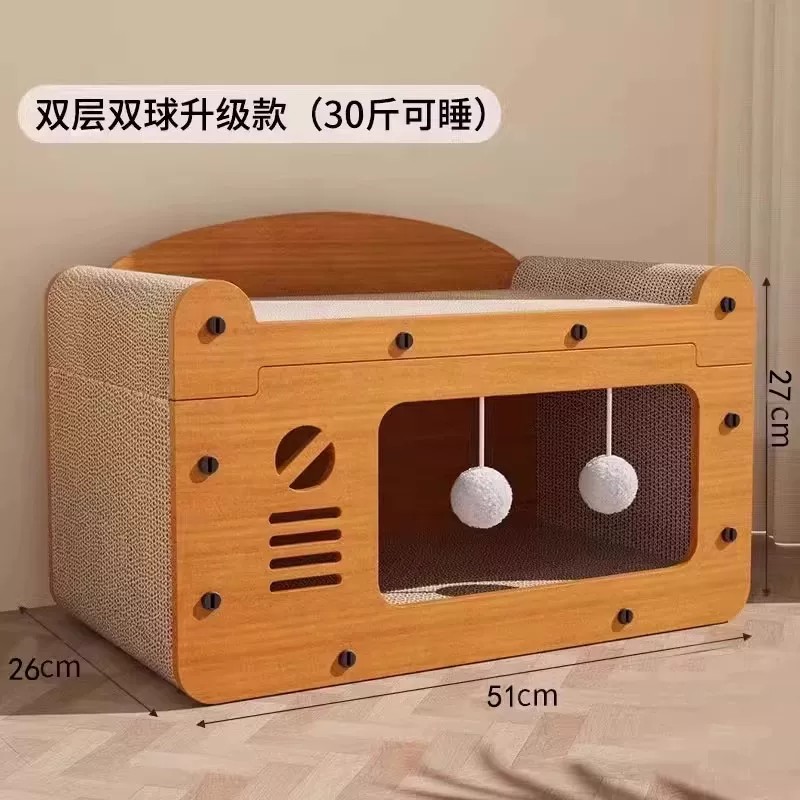 猫窝猫抓板双层木质猫抓板一体大猫窝双球玩具30斤可睡宽敞猫屋