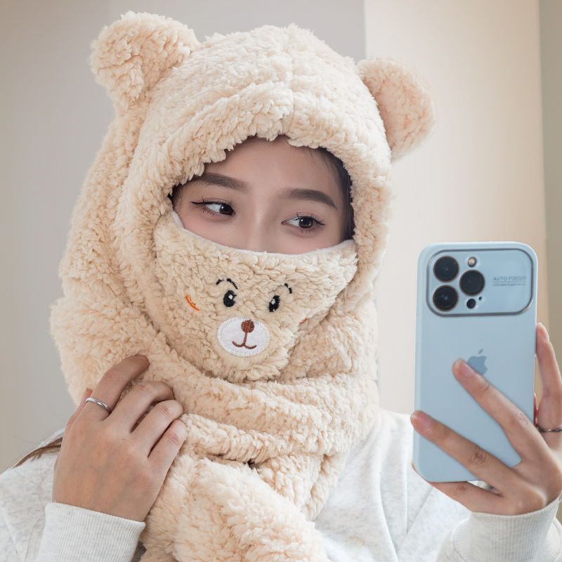 小熊口罩帽子冬天冬季围巾一体女骑车神器秋冬保暖四件套毛绒护耳