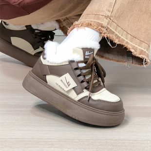 回力加绒美拉德高帮棉鞋女冬季新款加厚保暖板鞋子复古厚底面包鞋