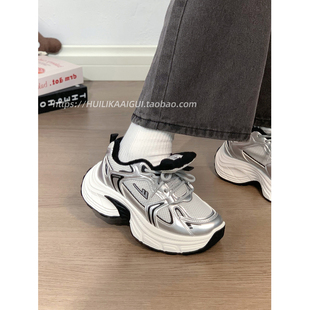 女2025冬季 运动鞋 新款 子休闲男女同款 加厚棉鞋 回力银黑加绒老爹鞋